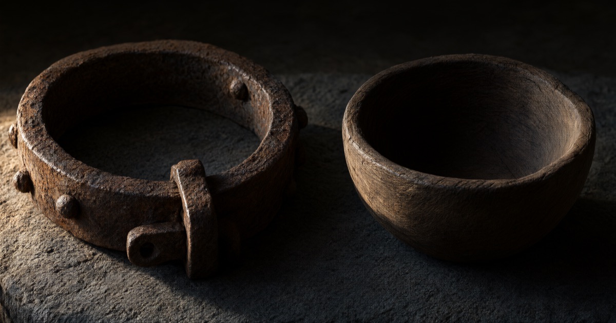 An iron slave collar and a wooden pilgrim's bowl lying side by side on stone, lit and photographed with the same care.